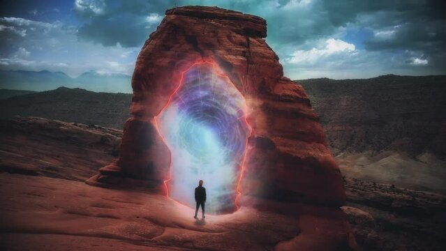 Dimensional Portal Man Desert Rock Formation Zoom In Surreal Scene. Man standing alone in front of a rock formation with a portal to another dimension. Surreal background, zoom in