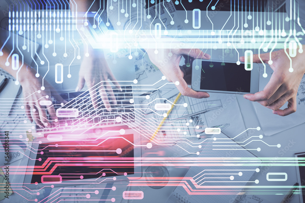 Poster double exposure of man and woman working together and data theme hologram drawing. computer backgrou