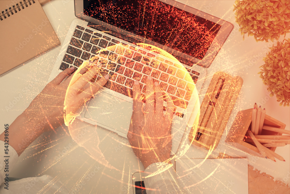 Poster double exposure of woman hands working on computer and social network theme hologram drawing. top vi