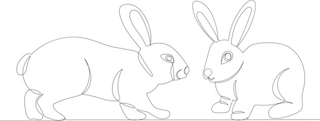 rabbits drawing in one continuous line, isolated, vector