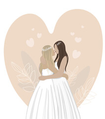 LGBT Woman couple - two young girls in wedding dress on a heart shape background. Vector flat illustration of lesbian couple. LGBT concept, wedding card, web illustration.