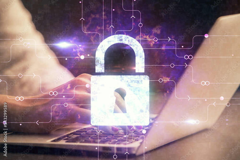 Poster double exposure of woman hands working on computer and lock hologram drawing. security concept.