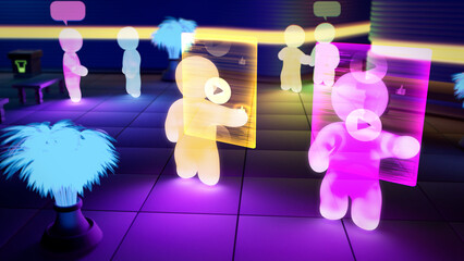 game or metaverse avatars of users downloading or buying videos on-line - industrial 3D rendering