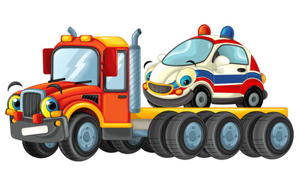 cartoon scene with tow truck driving with load ambulance car isolated illustration for children