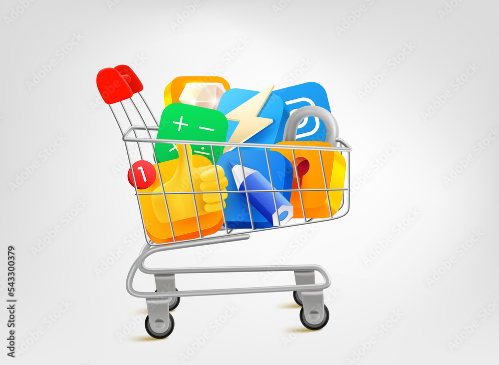 Poster full trolley of mobile application icons. 3d vector illustration