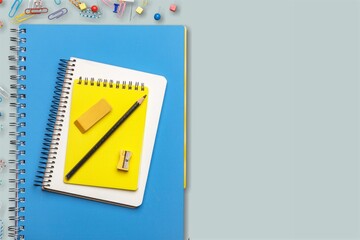 Colored school stationery accessories on desk