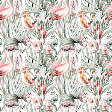 Tropical watercolor birds hummingbird, monkey and jaguar, exotic jungle plants palm banana leaves flowers, flamingo pastel color seamless pattern fabric background