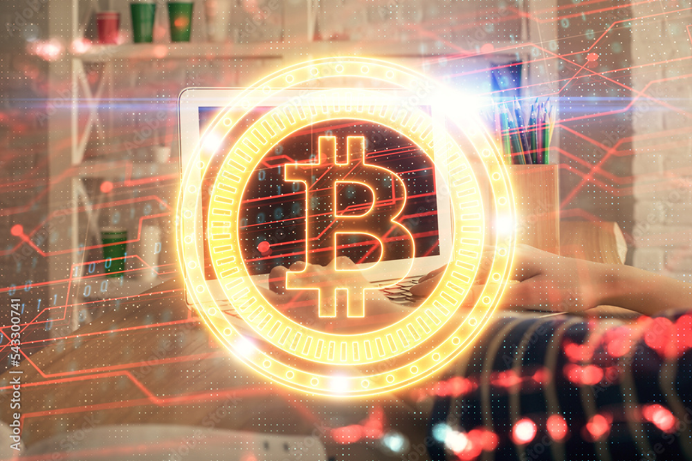 Poster double exposure of woman hands typing on computer and crypto market theme hologram drawing. blockcha