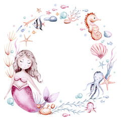 frame of sea animals. Blue watercolor ocean fish wreath, turtle, whale and coral. Shell aquarium mermaid submarine. Nautical dolphin marine illustration, jellyfish, starfish
