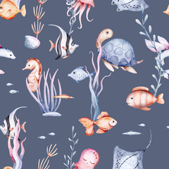 seamless pattern of sea cartoon animals. Blue watercolor ocean fish, turtle, whale and coral. Shell aquarium dolphin, crab octopus Nautical marine illustration, jellyfish, starfish