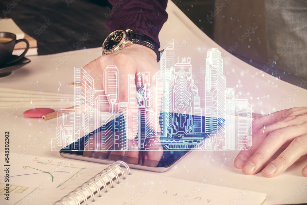 Poster double exposure of man's hands holding and using a digital device and city drawing.