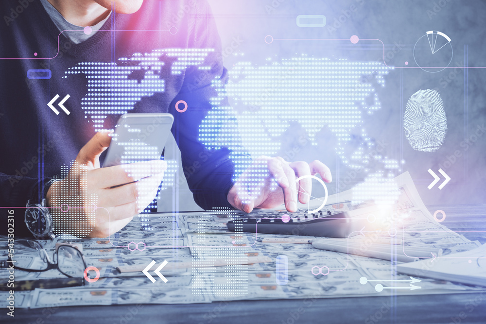 Poster Multi exposure of man's hands holding and using a digital device and map drawing. International business concept.