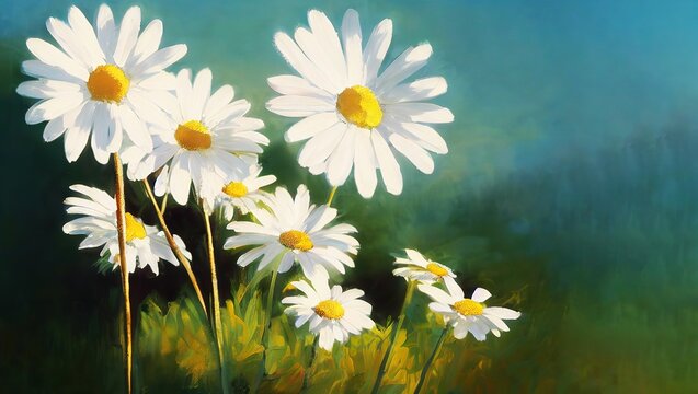 Hyper-realistic illustration of white daisy flowers with blur background