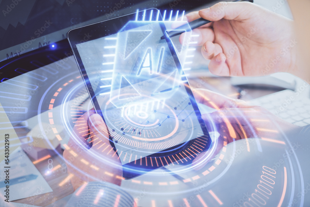 Poster Multi exposure of man's hands holding and using a digital device and data theme drawing. Innovation concept.