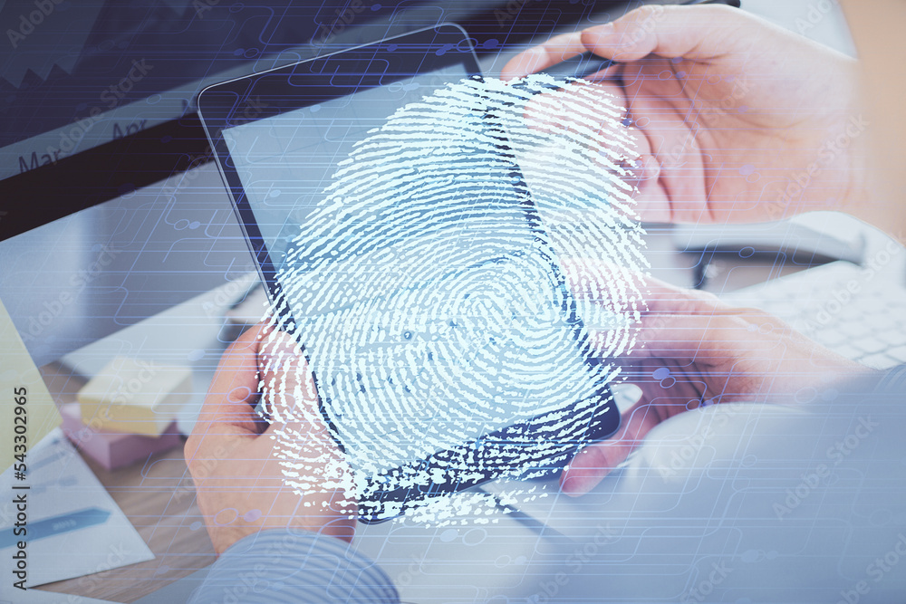 Poster Double exposure of man's hands holding and using a digital device and fingerprint hologram drawing. Security concept.