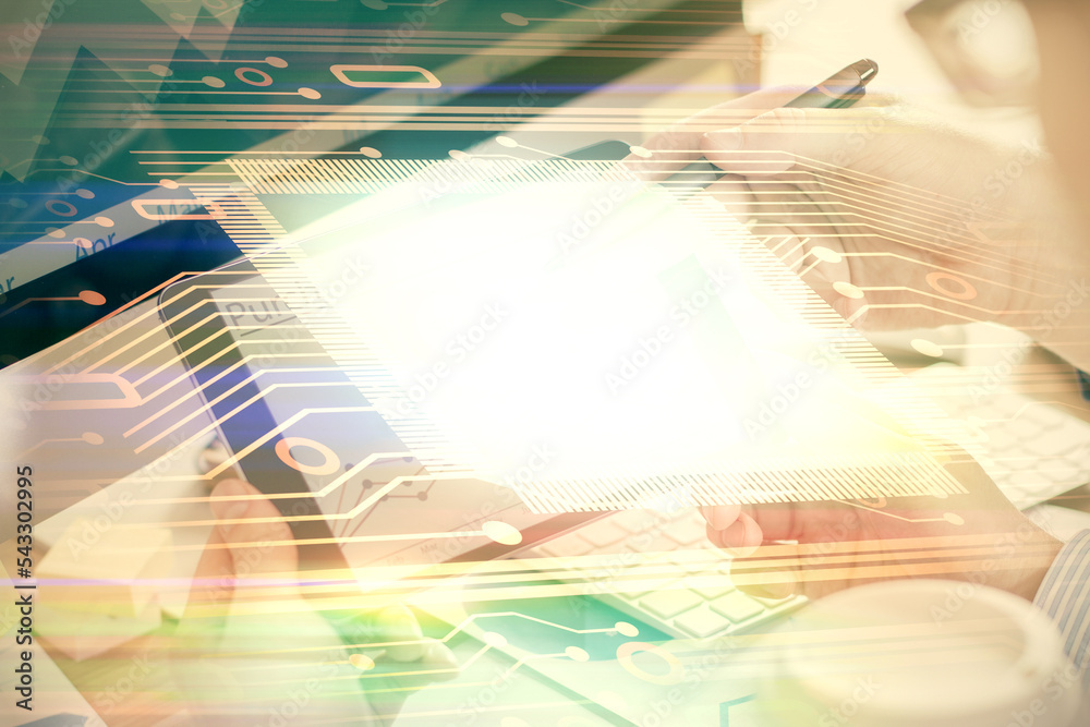 Poster Multi exposure of man's hands holding and using a digital device and data theme drawing. Innovation concept.