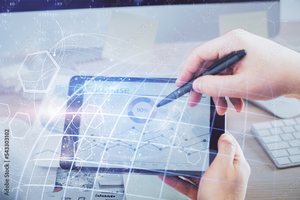Poster Multi exposure of man's hands holding and using a digital device and map drawing. International business concept.