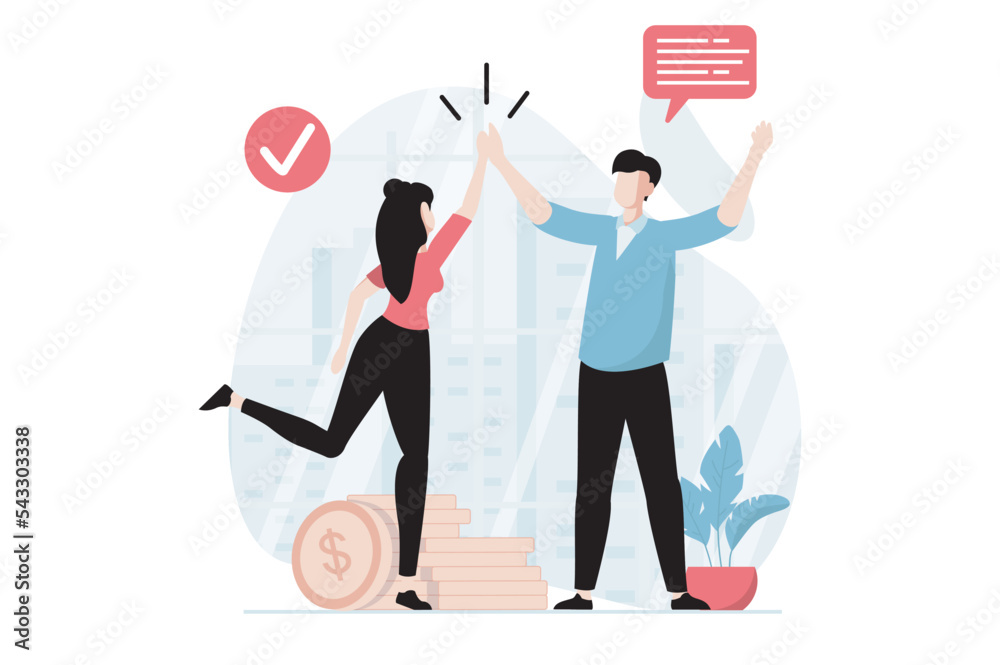 Poster teamwork concept with people scene in flat design. man and woman give high five, discuss tasks and c