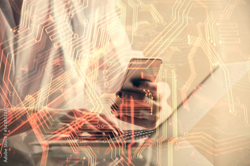 Aufkleber Double exposure of tech icon hologram and woman holding and using a mobile device. Technology concept.