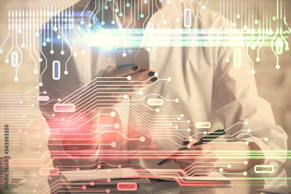 Poster double exposure of technology sketch hologram and woman holding and using a mobile device. ai concep