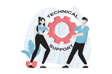 Technical support concept with people scene in flat design. Man and woman in headphones receive calls and messages and help solve tech problems. Vector illustration with character situation for web