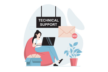 Technical support concept with people scene in flat design. Woman operator consulting clients answering messages and emails, working on laptop. Vector illustration with character situation for web