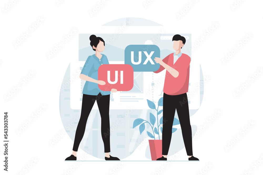 Aufkleber UI and UX design concept with people scene in flat style. Team of designers creating sites interface, pages layout, doing research and prototyping. Vector illustration with character situation for web