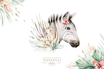 Fototapeta na wymiar Africa watercolor savanna zebra animal. African Safari cute animals portrait character.Perfect for wallpaper print, poster, packaging ,invitation, wedding design