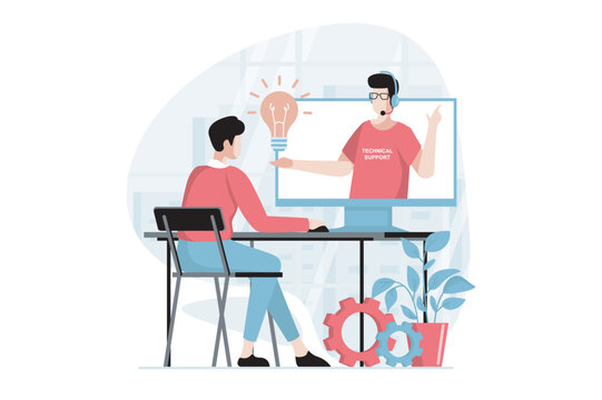 Technical support concept with people scene in flat design. Man watches video tutorial with tips on repairing and settings from tech specialist. Vector illustration with character situation for web