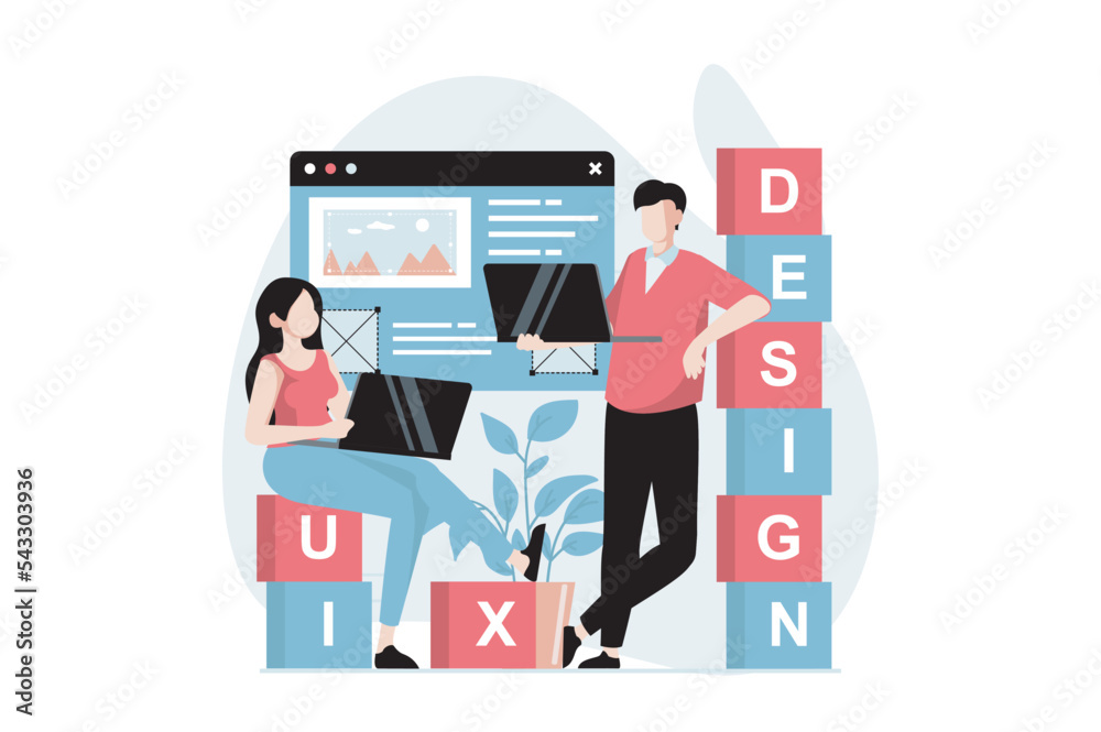 Aufkleber UI and UX design concept with people scene in flat style. Man and woman work as designers and create interfaces for applications and programs. Vector illustration with character situation for web