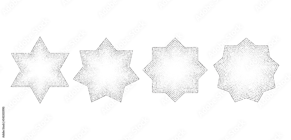 Poster Dotted grain stars set. Black stippled shapes collection. Various noise textured asterisks. Different halftone dot work stellar forms. Vector stochastic