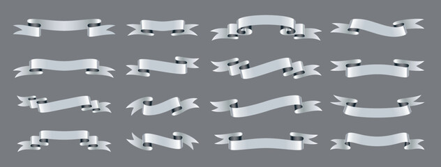 Ribbon silver satin glossy set. Luxury vintage title text frame banner. Different shapes elegant retro label header design template. Shiny scroll silk tape. Metallic steel foil paper rolled band tag