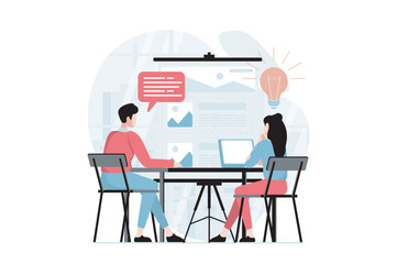 UI and UX design concept with people scene in flat style. Man and woman work as designers, brainstorming and create interfaces for applications. Vector illustration with character situation for web