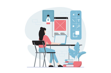 UI and UX design concept with people scene in flat style. Woman work as illustrator, drawing content and elements, creates buttons for layouts. Vector illustration with character situation for web