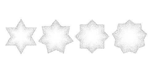 Dotted grain stars set. Black stippled shapes collection. Various noise textured asterisks. Different halftone dot work stellar forms. Vector stochastic