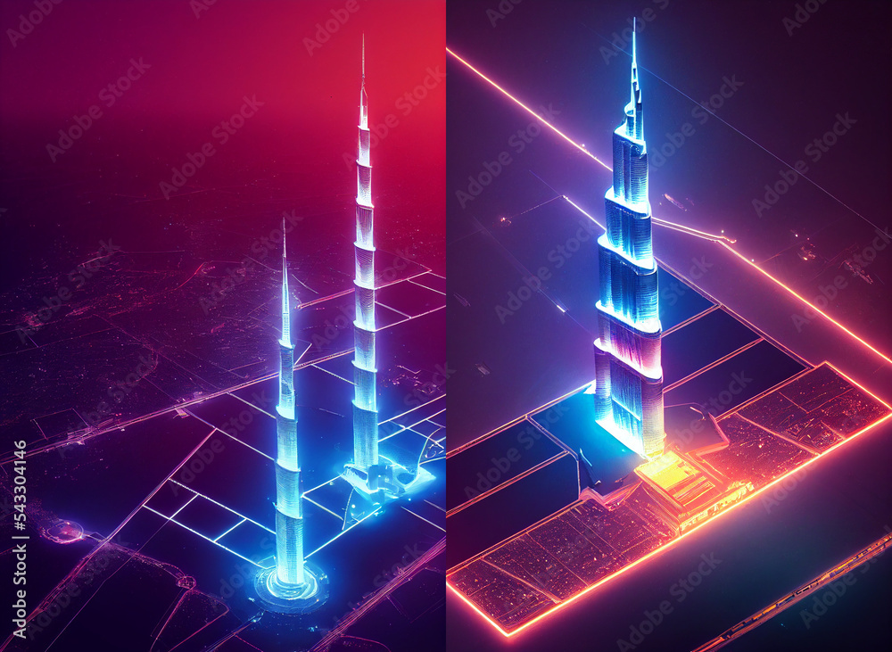 Wall mural futuristic neon lights skyscrapers,abstract christmas tree with stars, cyberpunk city