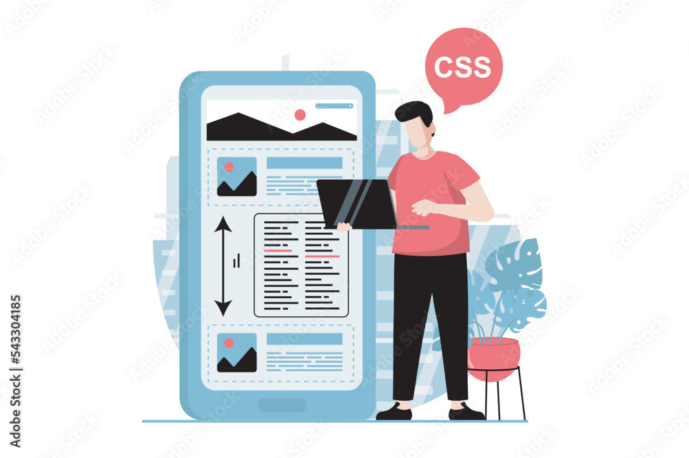Aufkleber Web development concept with people scene in flat design. Man developing app and writing code, creating layout, using scripts and optimizes. Vector illustration with character situation for web