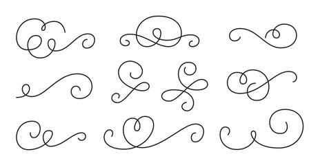 Black line calligraphic vintage swirl set. Classic antique typographic filigree curls. Elegant retro ink hand drawn swash. Christmas ornate wedding invitation Victorian style flourish scroll pattern