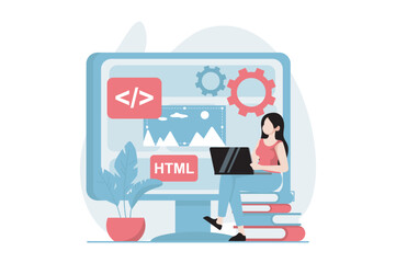 Web development concept with people scene in flat design. Woman developing program code, creating layout, using scripts on site and optimizes. Vector illustration with character situation for web