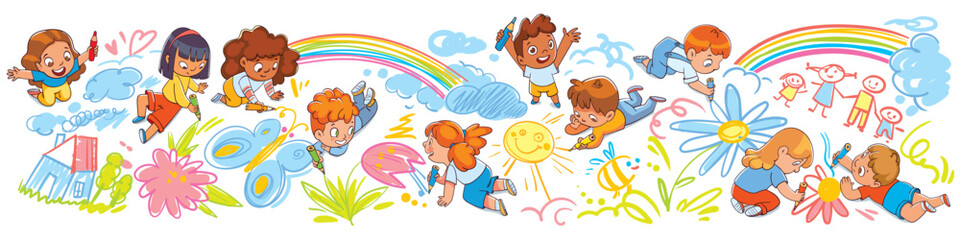 Children draw scribbles on the floor and wall with colored crayons. Colorful cartoon characters. Funny vector illustration. Isolated on white background. Seamless panorama. Baby banner