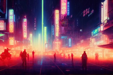 Futuristic cyberpunk city. Concept sci fi downtown at night with skyscraper, highway and billboards. 3D illustration.	