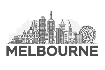 Melbourne, Australia architecture line skyline illustration. Linear vector cityscape with famous landmarks, city sights, design icons. Landscape with editable strokes. - obrazy, fototapety, plakaty