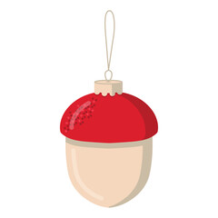 Christmas toy beige acorn with a red hat. Vector Christmas illustration.