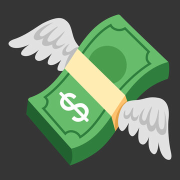 Money with Wings vector flat emoji icon design. Isolated banded stack dollar bills with Feather Wings, as if Flying sign symbol design.