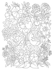 Ukrainian flowers. Tagetes, Chamomile, Malva, Papaver, Vinca, Centaurea cyanus, Ipomoea, Lilium, Peony, Campanula. Black and white. Coloring book antistress. Vector illustration