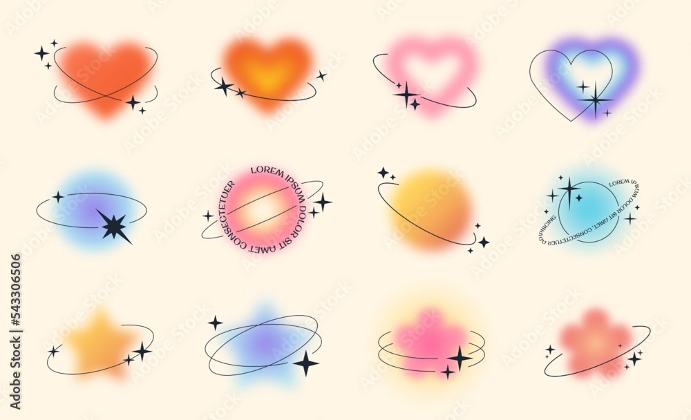 Poster Y2k style blurred gradient shapes with linear forms and sparkles, blurry flower or heart aura aesthetic elements. Modern minimalist design element with blur gradients for logo vector template set