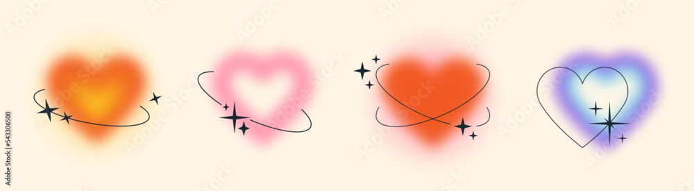 Poster blurry pink heart aura aesthetic element with linear form and sparkle, trendy y2k style design templ
