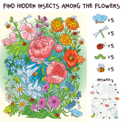 Find the hidden insects in the bouquet of flowers. Find hidden objects in the picture. Puzzle Hidden Items. Funny cartoon character. Vector illustration. Set