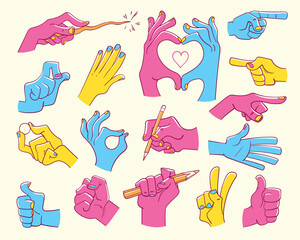 Various gestures of differently colored hands. Set of cartoon vector illustrations. Isolated on white background. Seamless pattern