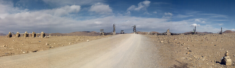 FRIENDSHIP HIGHWAY, TIBET, CHINA: jeep at a pass, 800 km scenic route from Lhasa to Nepalese border...